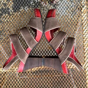 Esska Women Taupe Suede Red Leather Block Heel Sandals Size 38 Hook Loop Straps